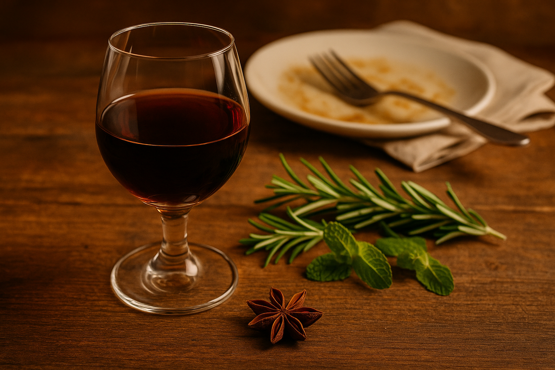 Amaro digestivo naturale dopo pasto con erbe aromatiche